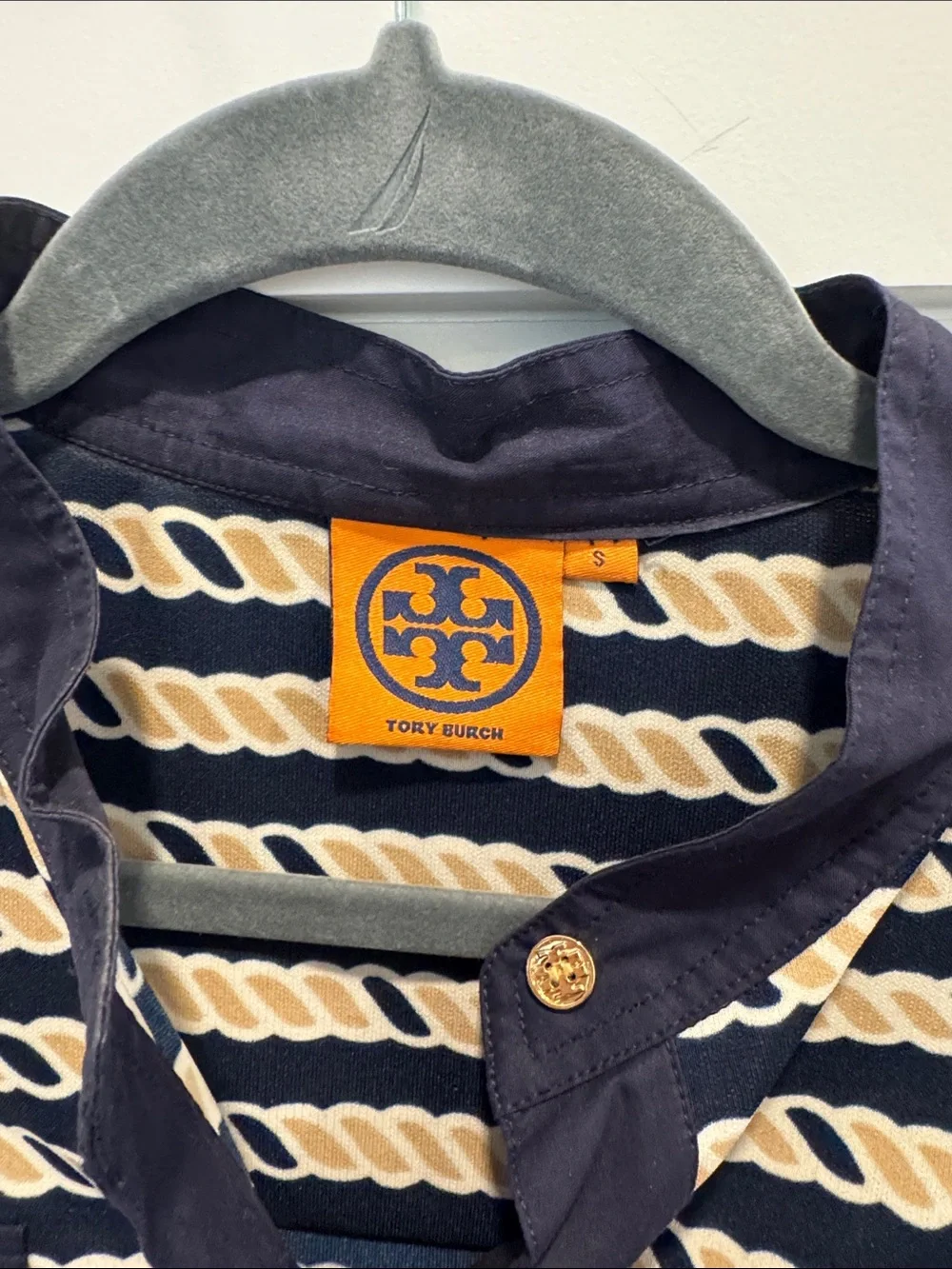 Tory Burch Navy and Cream Rope-Print Long-Sleeve Shirt Dress